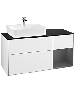Villeroy und Boch Finion Waschtischunterschrank F152GKGF 120cm, Abdeckplatte black matt, Regal rechts Anthracite matt, Glossy white lacquer