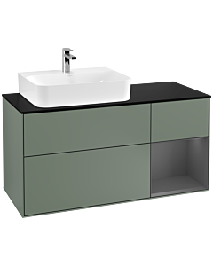 Villeroy und Boch Finion Waschtischunterschrank F152GKGM 120cm, Abdeckplatte black matt, Regal rechts Anthracite matt, Olive Matt Lacquer