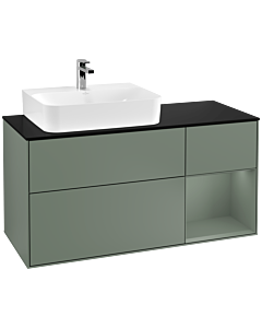 Villeroy und Boch Finion Waschtischunterschrank F152GMGM 120cm, Abdeckplatte black matt, Regal rechts Olive Matt Lacquer, Olive Matt Lacquer