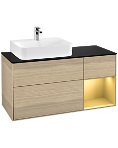 Villeroy und Boch Finion Waschtischunterschrank F152HFPC 120cm, Abdeckplatte black matt, Regal rechts Gold matt, Oak Veneer