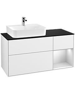 Villeroy und Boch Finion Villeroy und Boch F152MTGF 120cm, plaque de finition noir mat, étagère à droite laqué blanc mat, laqué blanc brillant