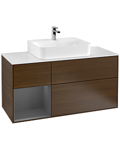 Villeroy und Boch Finion Waschtischunterschrank F161GKGN 120cm, Abdeckplatte white matt, Regal links Anthracite matt, Walnut veneer