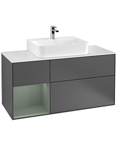 Villeroy und Boch Finion Waschtischunterschrank F161GMGK 120cm, Abdeckplatte white matt, Regal links Olive Matt Lacquer, Anthracite matt