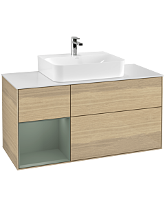 Villeroy und Boch Finion Waschtischunterschrank F161GMPC 120cm, Abdeckplatte white matt, Regal links Olive Matt Lacquer, Oak Veneer