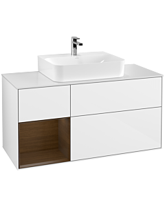 Villeroy und Boch Finion Waschtischunterschrank F161GNGF 120cm, Abdeckplatte white matt, Regal links Walnut veneer, Glossy white lacquer