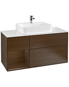 Villeroy und Boch Finion Waschtischunterschrank F161GNGN 120cm, Abdeckplatte white matt, Regal links Walnut veneer, Walnut veneer