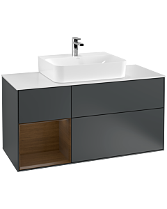 Villeroy und Boch Finion Waschtischunterschrank F161GNHG 120cm, Abdeckplatte white matt, Regal links Walnut veneer, Midnight Blue Matt Lacquer