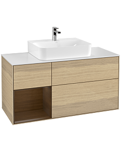 Villeroy und Boch Finion Waschtischunterschrank F161GNPC 120cm, Abdeckplatte white matt, Regal links Walnut veneer, Oak Veneer