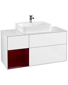 Villeroy und Boch Finion Waschtischunterschrank F161HBGF 120cm, Abdeckplatte white matt, Regal links Peony, Glossy white lacquer