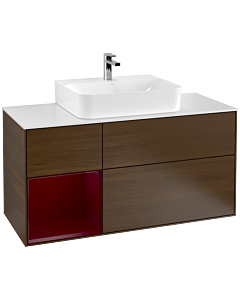 Villeroy und Boch Finion Waschtischunterschrank F161HBGN 120cm, Abdeckplatte white matt, Regal links Peony, Walnut veneer