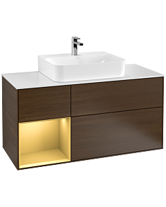 Villeroy und Boch Finion Villeroy und Boch F161HFGN 120cm, plaque de recouvrement blanc mat, étagère gauche or mat, placage noyer