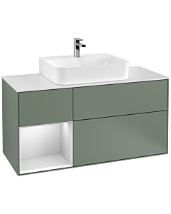 Villeroy und Boch Finion Waschtischunterschrank F161MTGM 120cm, Abdeckplatte white matt, Regal links White matt lacquer, Olive Matt Lacquer