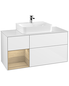 Villeroy und Boch Finion Waschtischunterschrank F161PCGF 120cm, Abdeckplatte white matt, Regal links Oak Veneer, Glossy white lacquer