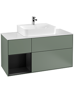 Villeroy und Boch Finion Waschtischunterschrank F161PDGM 120cm, Abdeckplatte white matt, Regal links Black matt lacquer, Olive Matt Lacquer