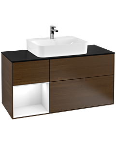 Villeroy und Boch Finion Villeroy und Boch Finion F162GFGN 120cm, cover plate black matt, shelf on the left Glossy white lacquer, walnut veneer