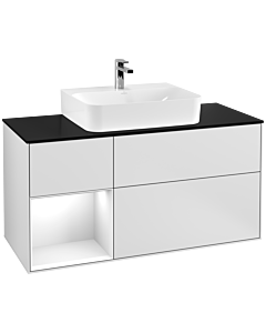 Villeroy und Boch Finion Villeroy und Boch F162GFMT 120cm, plaque de finition noir mat, étagère gauche laqué blanc brillant, laqué blanc mat