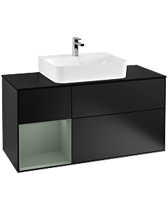 Villeroy und Boch Finion Waschtischunterschrank F162GMPD 120cm, Abdeckplatte black matt, Regal links Olive Matt Lacquer, Black matt lacquer