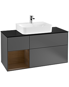 Villeroy und Boch Finion Waschtischunterschrank F162GNGK 120cm, Abdeckplatte black matt, Regal links Walnut veneer, Anthracite matt