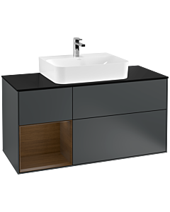 Villeroy und Boch Finion Waschtischunterschrank F162GNHG 120cm, Abdeckplatte black matt, Regal links Walnut veneer, Midnight Blue Matt Lacquer