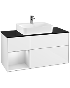 Villeroy und Boch Finion Villeroy und Boch F162MTGF 120cm, plaque de finition noir mat, étagère gauche laqué blanc mat, laqué blanc brillant