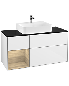 Villeroy und Boch Finion Waschtischunterschrank F162PCGF 120cm, Abdeckplatte black matt, Regal links Oak Veneer, Glossy white lacquer