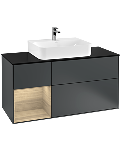 Villeroy und Boch Finion Waschtischunterschrank F162PCHG 120cm, Abdeckplatte black matt, Regal links Oak Veneer, Midnight Blue Matt Lacquer