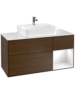 Villeroy und Boch Finion Villeroy und Boch F171GFGN 120cm, plaque de finition blanc mat, étagère à droite laqué blanc brillant, placage noyer