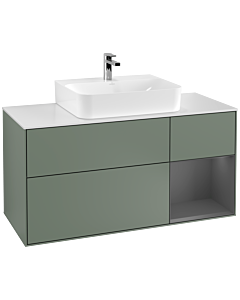 Villeroy und Boch Finion Waschtischunterschrank F171GKGM 120cm, Abdeckplatte white matt, Regal rechts Anthracite matt, Olive Matt Lacquer