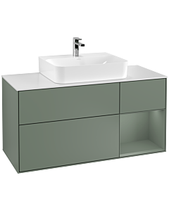 Villeroy und Boch Finion Waschtischunterschrank F171GMGM 120cm, Abdeckplatte white matt, Regal rechts Olive Matt Lacquer, Olive Matt Lacquer