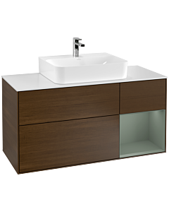 Villeroy und Boch Finion Waschtischunterschrank F171GMGN 120cm, Abdeckplatte white matt, Regal rechts Olive Matt Lacquer, Walnut veneer
