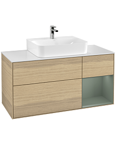 Villeroy und Boch Finion Waschtischunterschrank F171GMPC 120cm, Abdeckplatte white matt, Regal rechts Olive Matt Lacquer, Oak Veneer