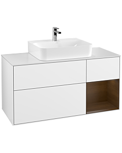 Villeroy und Boch Finion Waschtischunterschrank F171GNGF 120cm, Abdeckplatte white matt, Regal rechts Walnut veneer, Glossy white lacquer