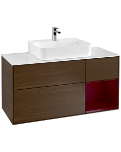 Villeroy und Boch Finion Waschtischunterschrank F171HBGN 120cm, Abdeckplatte white matt, Regal rechts Peony, Walnut veneer