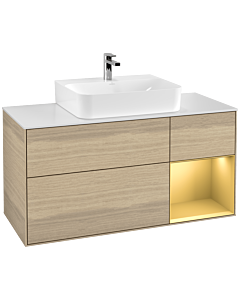 Villeroy und Boch Finion Waschtischunterschrank F171HFPC 120cm, Abdeckplatte white matt, Regal rechts Gold matt, Oak Veneer