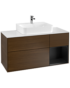 Villeroy und Boch Finion Villeroy und Boch F171PDGN 120cm, plaque de finition blanc mat, étagère à droite laqué noir mat, placage noyer