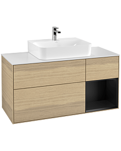 Villeroy und Boch Finion Waschtischunterschrank F171PDPC 120cm, Abdeckplatte white matt, Regal rechts Black matt lacquer, Oak Veneer