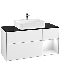 Villeroy und Boch Finion Villeroy und Boch F172GFGF 120cm, plaque de finition noir mat, étagère à droite laqué blanc brillant, laqué blanc brillant