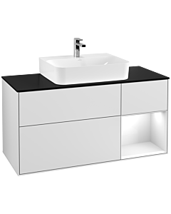 Villeroy und Boch Finion Waschtischunterschrank F172GFMT 120cm, Abdeckplatte black matt, Regal rechts Glossy white lacquer, White matt lacquer