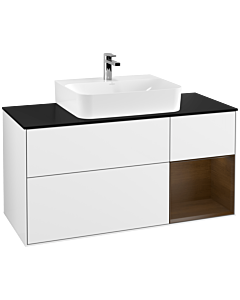 Villeroy und Boch Finion Waschtischunterschrank F172GNGF 120cm, Abdeckplatte black matt, Regal rechts Walnut veneer, Glossy white lacquer