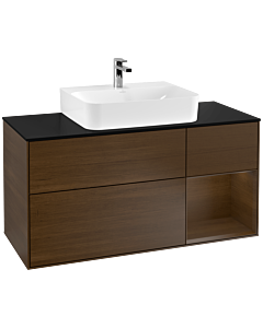 Villeroy und Boch Finion Waschtischunterschrank F172GNGN 120cm, Abdeckplatte black matt, Regal rechts Walnut veneer, Walnut veneer