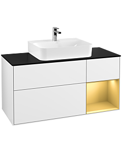 Villeroy und Boch Finion Waschtischunterschrank F172HFGF 120cm, Abdeckplatte black matt, Regal rechts Gold matt, Glossy white lacquer