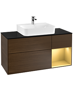 Villeroy und Boch Finion Waschtischunterschrank F172HFGN 120cm, Abdeckplatte black matt, Regal rechts Gold matt, Walnut veneer