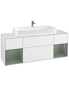 Villeroy und Boch Finion Waschtischunterschrank F211GMGF 160cm, Abdeckplatte white matt, Regale Olive matt lacquer, Glossy white lacquer