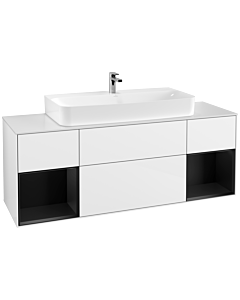 Villeroy und Boch Finion Waschtischunterschrank F211PDGF 160cm, Abdeckplatte white matt, Regale Black matt lacquer, Glossy white lacquer