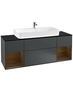 Villeroy und Boch Finion Waschtischunterschrank F212GNHG 160cm, Abdeckplatte black matt, Regale Walnut veneer, Midnight Blue Matt Lacquer