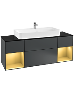 Villeroy und Boch Finion Waschtischunterschrank F212HFHG 160cm, Abdeckplatte black matt, Regale Gold matt lacquer, Midnight Blue Matt Lacquer
