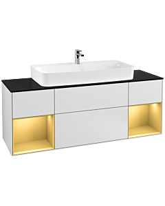 Villeroy und Boch Finion Waschtischunterschrank F212HFMT 160cm, Abdeckplatte black matt, Regale Gold matt lacquer, White matt lacquer