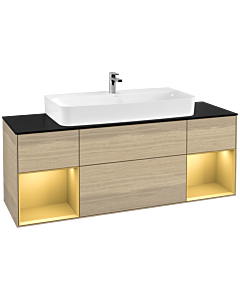 Villeroy und Boch Finion Waschtischunterschrank F212HFPC 160cm, Abdeckplatte black matt, Regale Gold matt lacquer, Oak Veneer