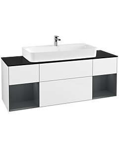 Villeroy und Boch Finion Waschtischunterschrank F212HGGF 160cm, Abdeckplatte black matt, Regale Midnight matt lacquer, Glossy white lacquer