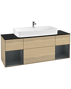 Villeroy und Boch Finion Waschtischunterschrank F212HGPC 160cm, Abdeckplatte black matt, Regale Midnight matt lacquer, Oak Veneer